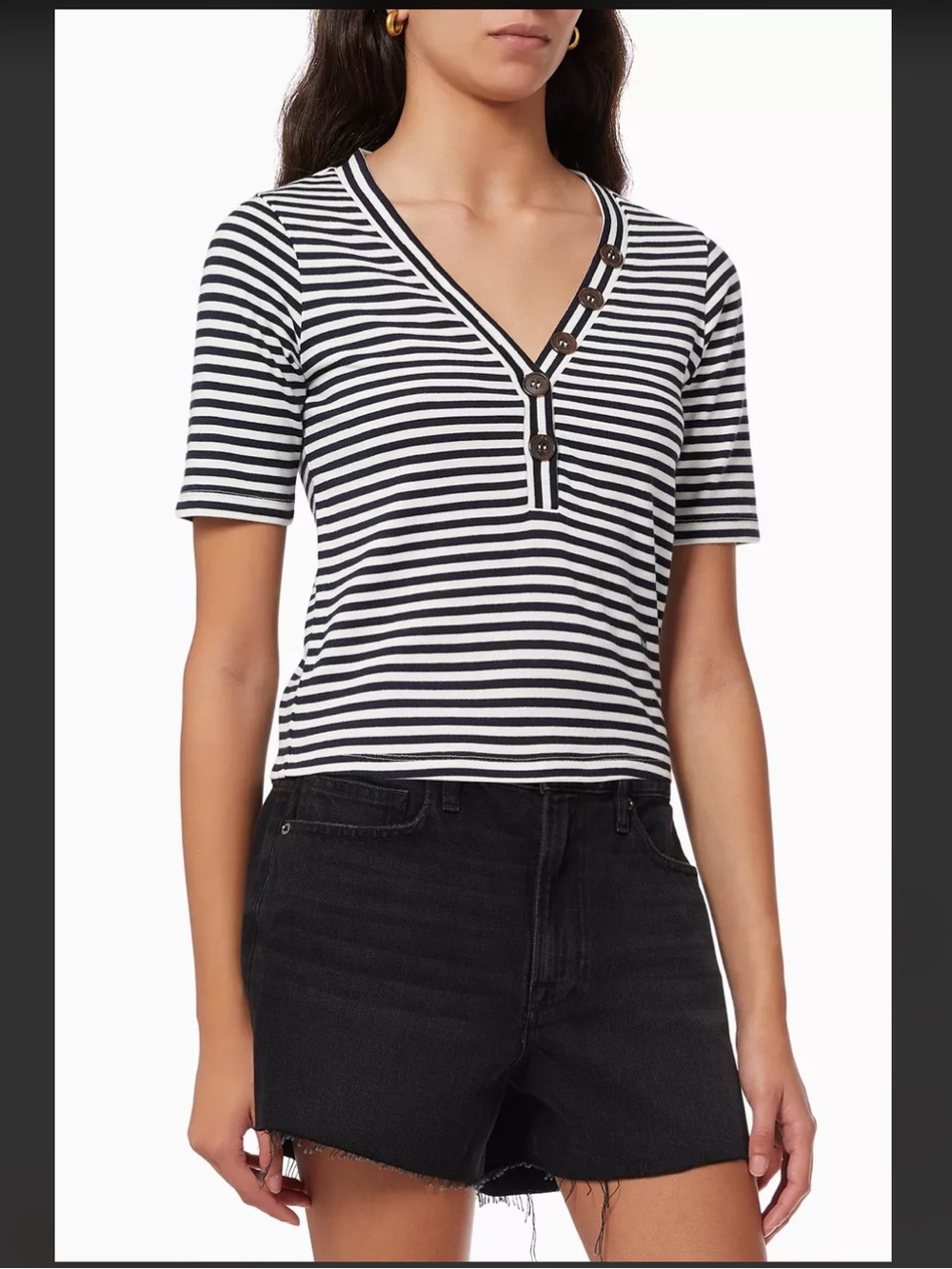 Striped V-Neck Short Sleeve Top - Black/White